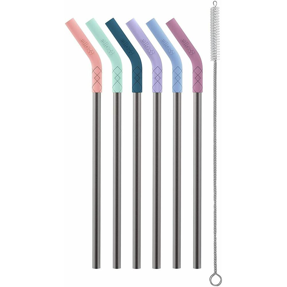 Ello Pack of 6 Stainless Reusable Straws Silicone Tip and Cleaning Brush New